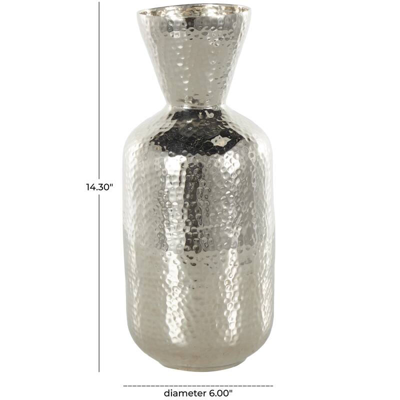 Silver Aluminum Metal Hammered Decorative Vase with Cone Shaped Opening