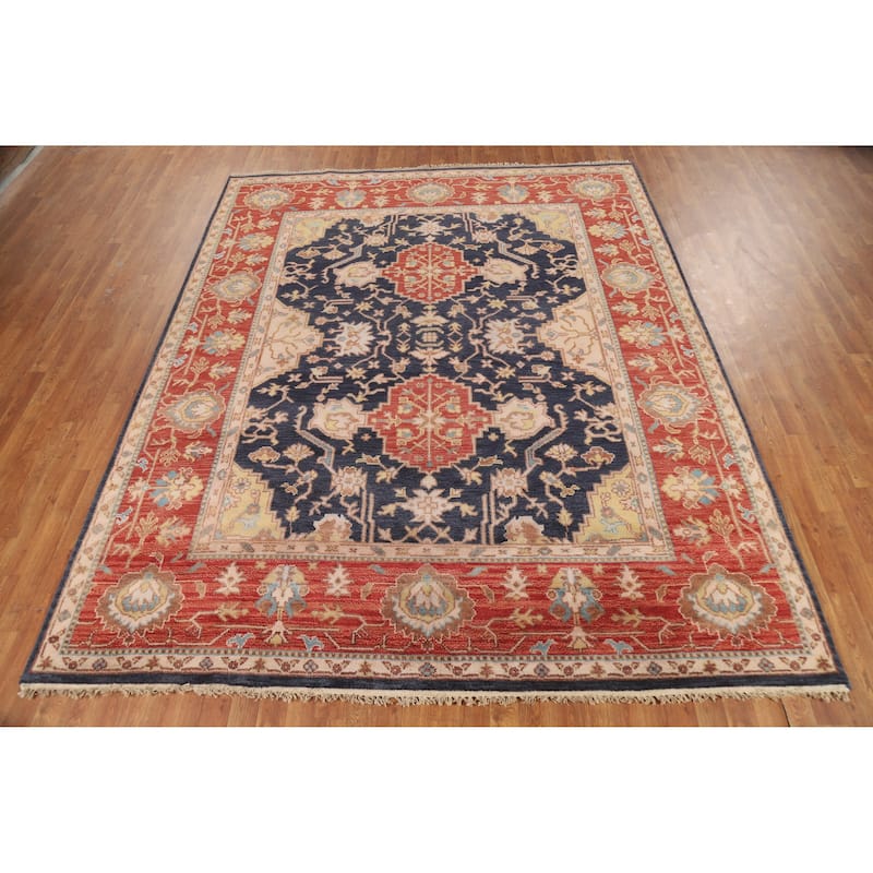 Navy Blue Orange Oushak Indian Area Rug Hand-Knotted Wool Carpet - 8'1" x 9'11"