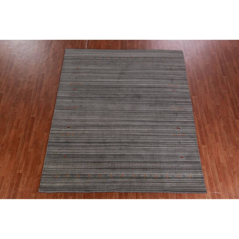 Hand Knotted Oriental 100% Wool Carpet Tribal Stripe Greys & Charcoal Gabbeh Area Rug - 9' 9'' X 8' 1''