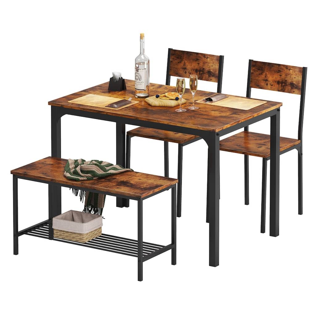4 Person Dining Table Set, Kitchen Table Set for 4, Dining Room 2 Chairs with Backrest, 2-Person Bench with Storage Rack