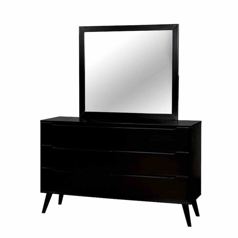Mid Century Modern Black Finish 4pc Bedroom Set Bed Dresser Mirror Nightstand