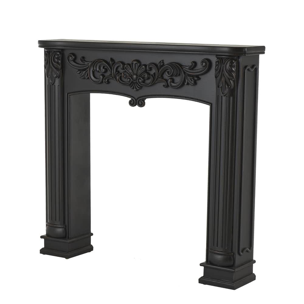 Wooden Scroll Freestanding Fireplace Mantle with Floral Accents - Black - Roche River Decor