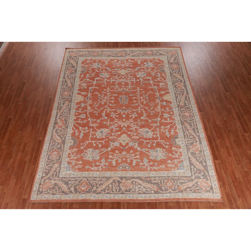 Hand Knotted Oriental 100% Wool Carpet Transitional All-Over Oranges & Rust Oushak Area Rug - 12' 4'' X 9' 3''