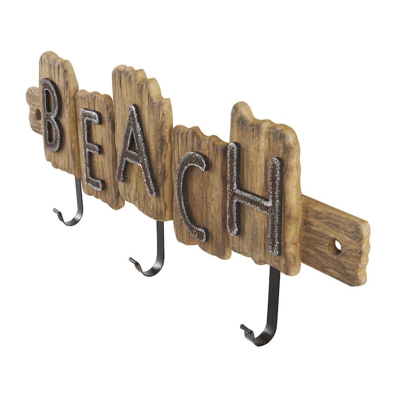 Wood Handmade Live Edge Beach Sign 3 Hanger Home Wall Hook with Metal Accents - Brown - Roche River Decor