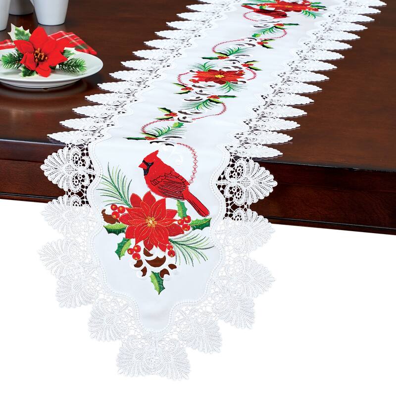 Embroidered Holiday Cardinals and Poinsettia Table Linens
