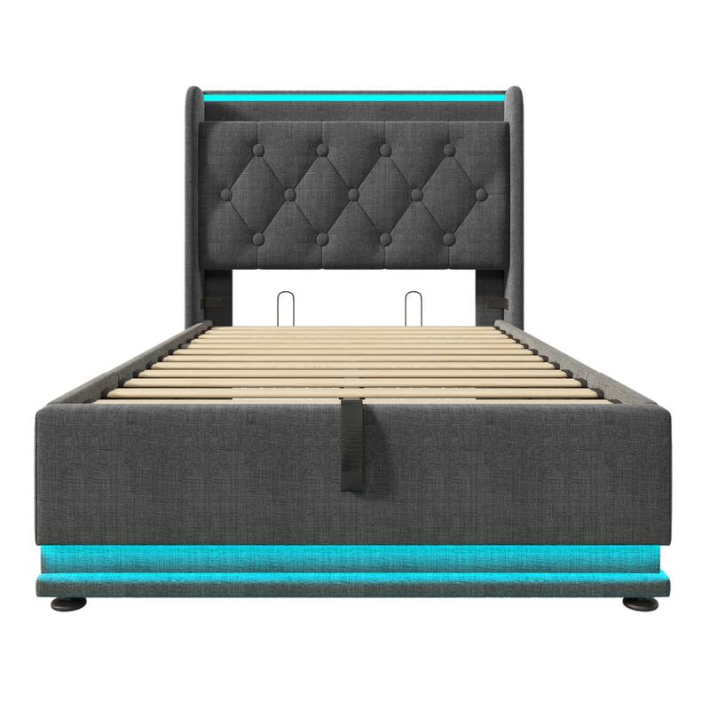 Twin Size Platform Bed Underbed Storage Bed with Wingback Tufted Headboard, USB and 360 Surround LED Strip, Linen Upholstered