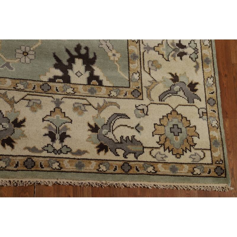 Green Floral Oushak Indian Area Rug Hand-Knotted Wool Carpet - 9'1"x 11'10"