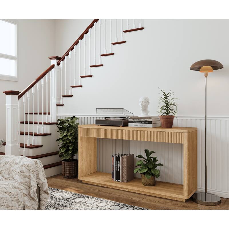 60" Modern 2-Drawer Fluted Console Table Natural Wood Veneer Sofa Table Behind Couch Table for Living Room