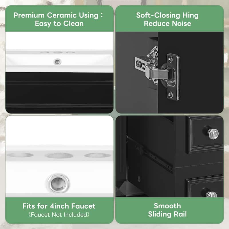 24" Bathroom Vanity With Ceramic Sink, Small Bathroom Sink Cabinet, Modern Cabinet With 2 Drawers And Adjustable Shelf