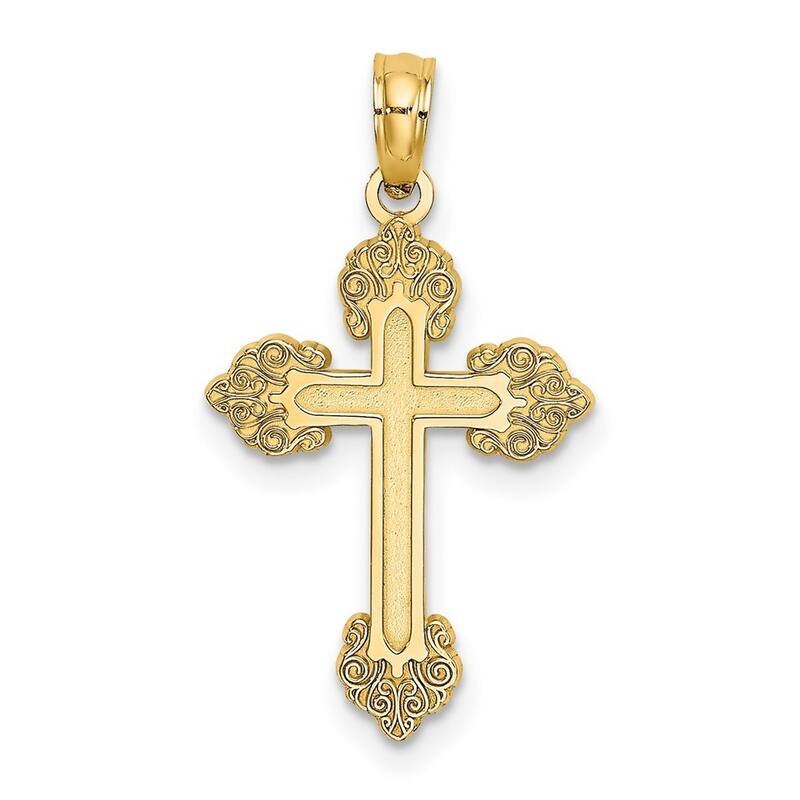 Curata 14k Yellow Gold Engraved Ends Budded Cross Necklace 14mm x19mm