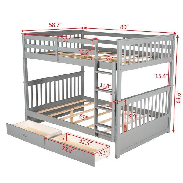 dimension image slide 4 of 5, Wooden Bunk Bed Frame with Pull Out Storage Drawers, Headboard, Footboard, Ladder, Full-length Guardrail for Kids, Teens