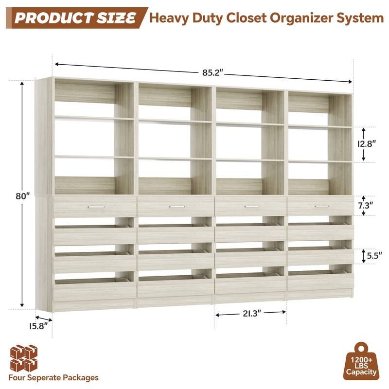 21.3'' W Closet System with 4 Wooden Drawers, 1.78FT Walk-in Closet Organizer Wardrobe with Adjustable Open Shelves