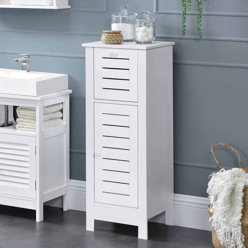 Santorin Compact White Bathroom Storage Cabinet with Drawer and Vented Door - 14.7"L x 11.13"W x 32.12"H