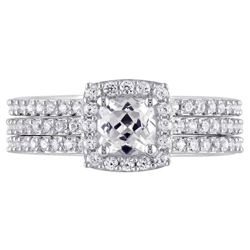 Miadora Sterling Silver Cushion and Round-cut Created White Sapphire Halo 3-piece Bridal Ring Set