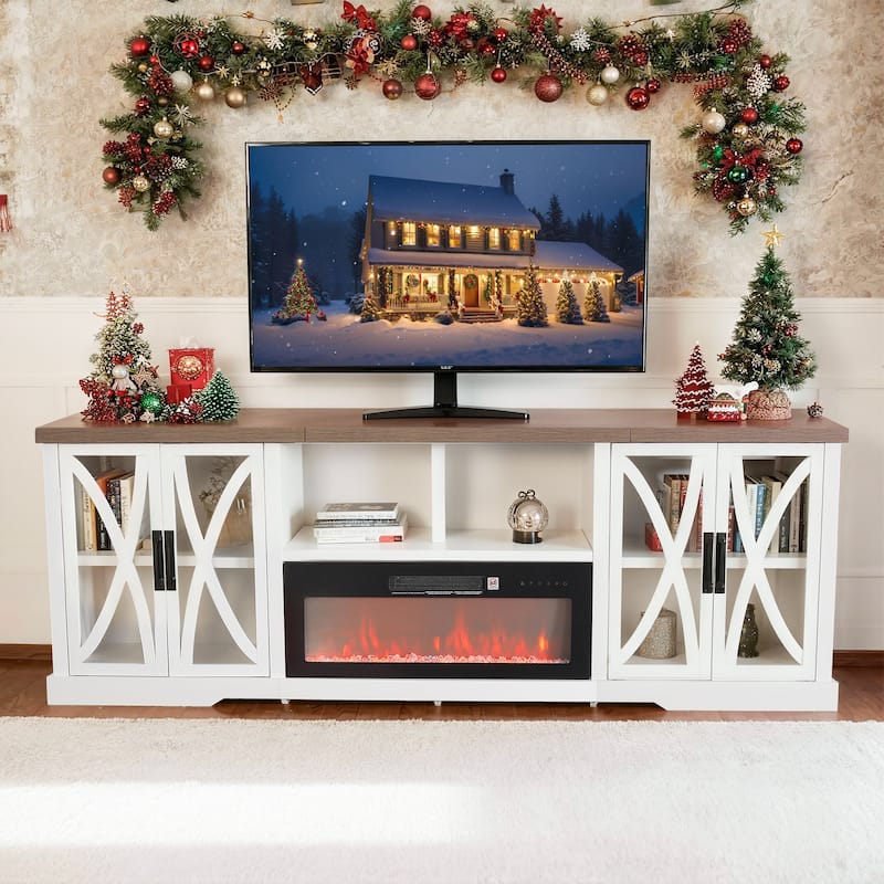 93" Farmhouse White Barn Door Storage Cabinets Fireplace TV Stand with 36" Electric Fireplace for TVs Up to 100"