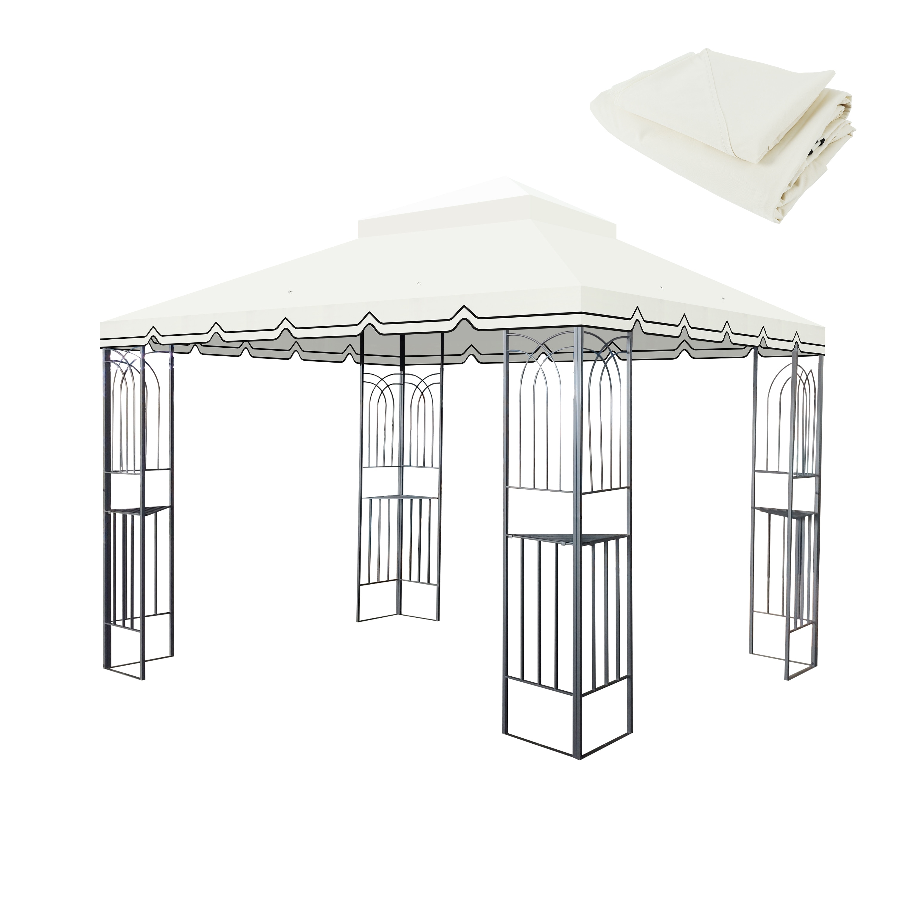 10x10 Ft Double Tiered Outdoor Gazebo Replacement Canopy with Drain Holes and Mosquito Netting - Beige