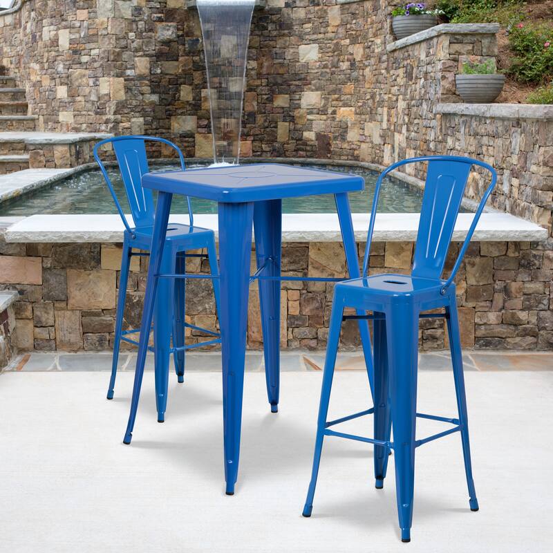 23.75'' Square Metal Indoor-Outdoor Bar Table Set with 2 Stools with Backs - 27.75"W x 27.75"D x 40"H