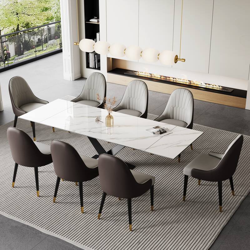 9 - Piece 94.48'' Extendable Sintered Stone Dining Table with 8 Chairs Dining Set - Himalayas White&Starry Black