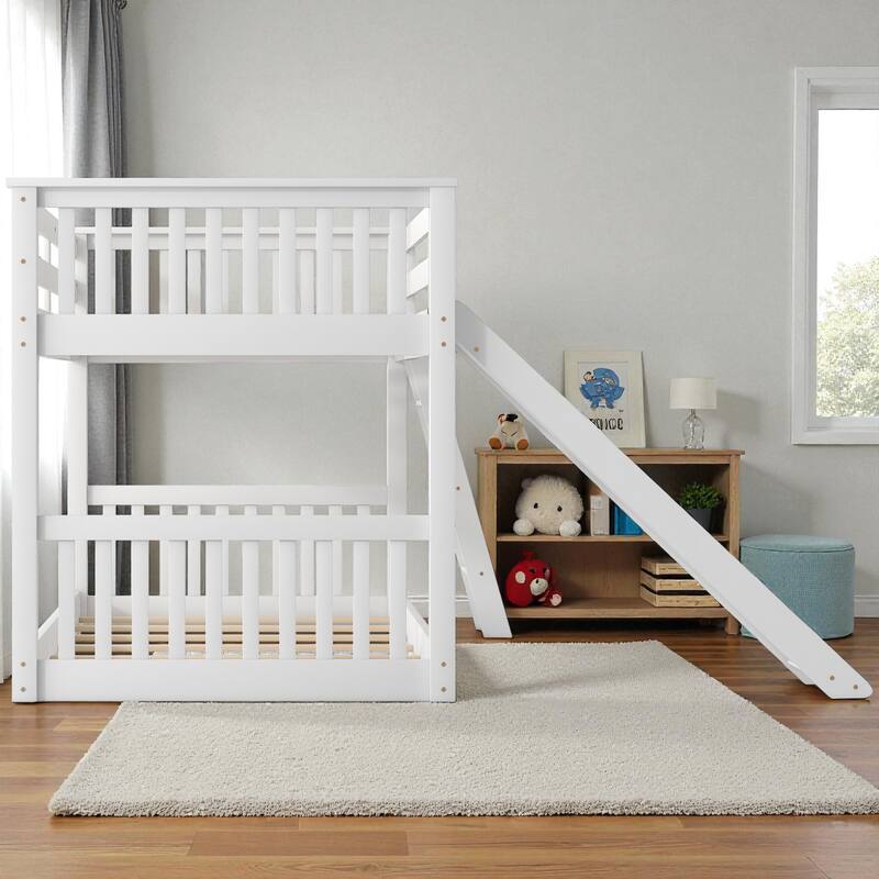 Twin Over Twin / Full Over Full Wooden Bunk Bed with Convertible Slide and Ladder, Guardrails, No Box Spring Needed