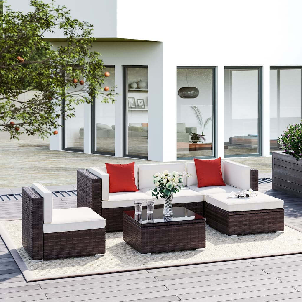 Outsunny 6-piece Outdoor Cushioned Wicker Patio Sectional Chat Set