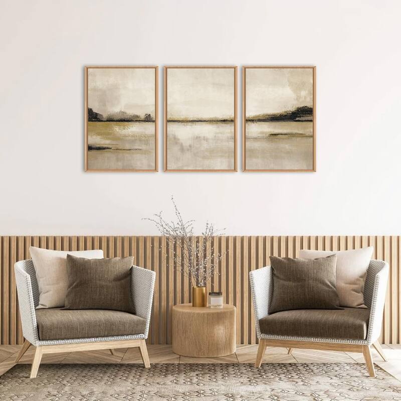 Abstrcat Mountain Lake Wall Decor, Neutral Tan Scenery Wall Painting
