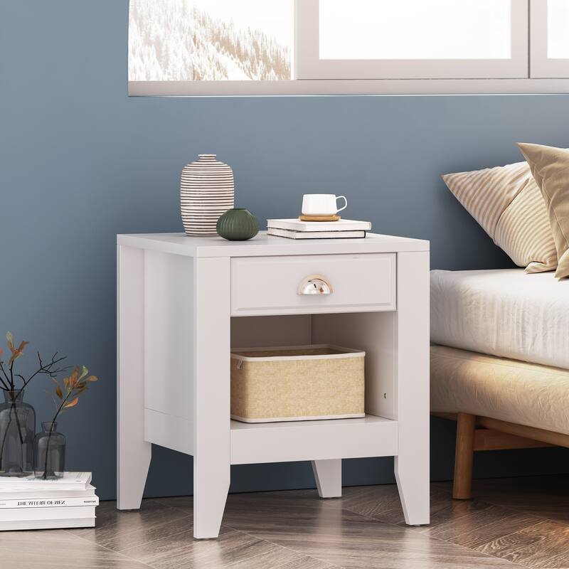 Contemporary Nightstand with Drawer and Open Shelf, Wood Bedside Table for Bedrooms, 2-Tier Storage