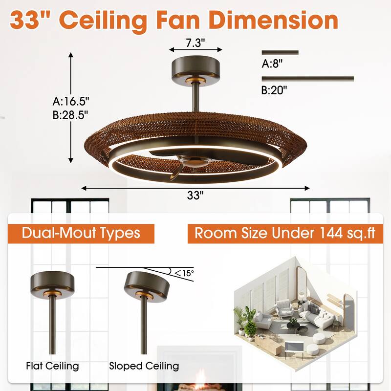 33" Coastal Rattan Fandelier Bladeless LED Ceiling Fan with Light and Remote
