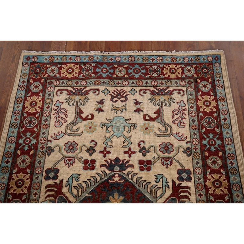 Geometric Kazak Rug Hand-Knotted Oriental Wool Carpet - 3'7" x 4'11"