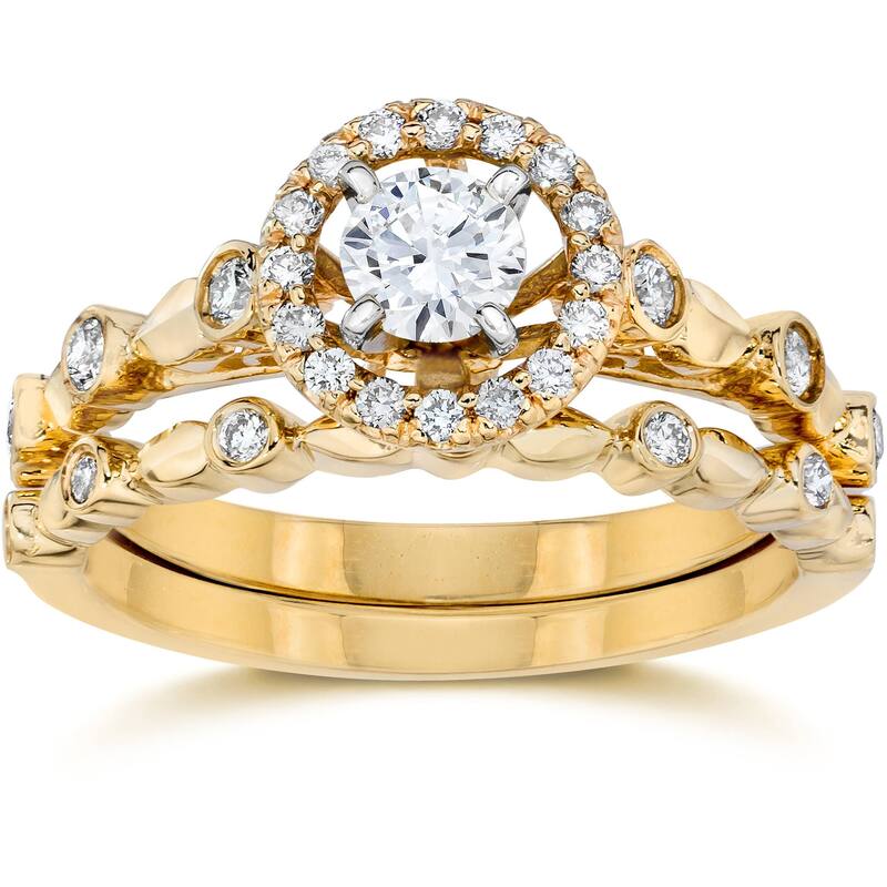 1/2 cttw Halo Diamond Engagement Wedding Ring Set Yellow Gold