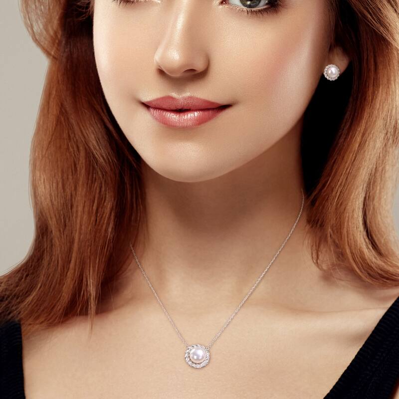 Miadora Cultured FW Pearl & Created White Sapphire 2-piece Jewelry Set in Sterling Silver (9.5-10mm)