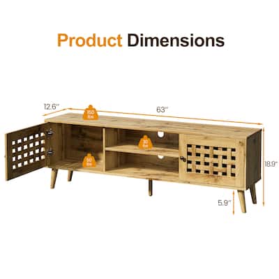 Vintage 63'' TV Stand with Basket Weave Wooden Door & Angled Legs