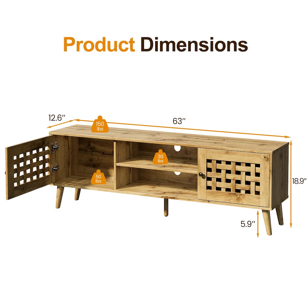Vintage 63'' TV Stand with Basket Weave Wooden Door & Angled Legs