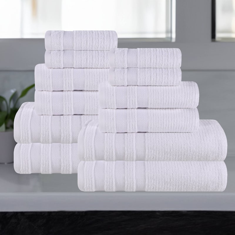 Superior Brea Zero Twist Cotton Ribbed Modern 12 Piece Bathroom Towel Set - White