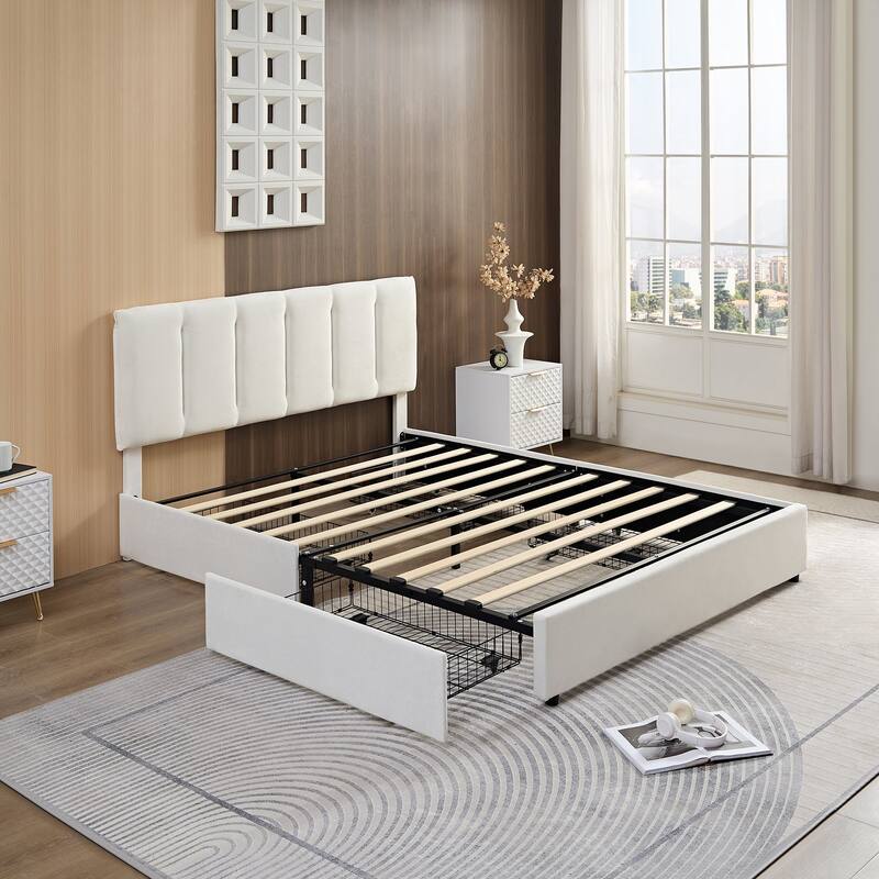 White Bed Frame with 4 Storage Drawers, Upholstered Platform Bed Frame with Adjustable Headboard