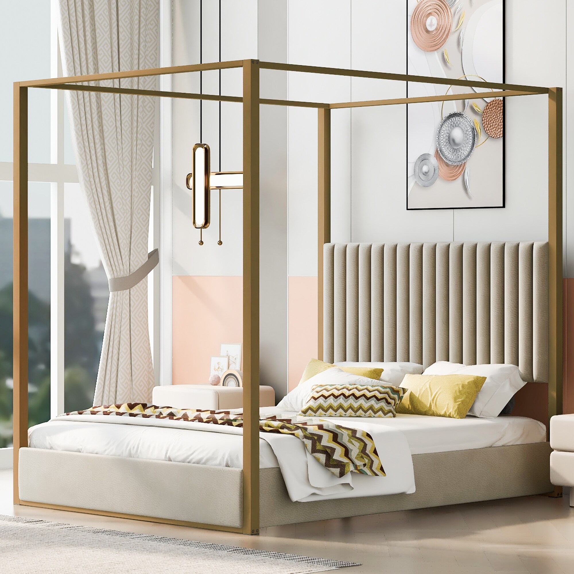 Queen Size Modern 4 Poster Linen Upholstery Canopy Platform Bed with Headboard and Metal Frame Strong Slats Support Beige Bed Bath Beyond 39499000