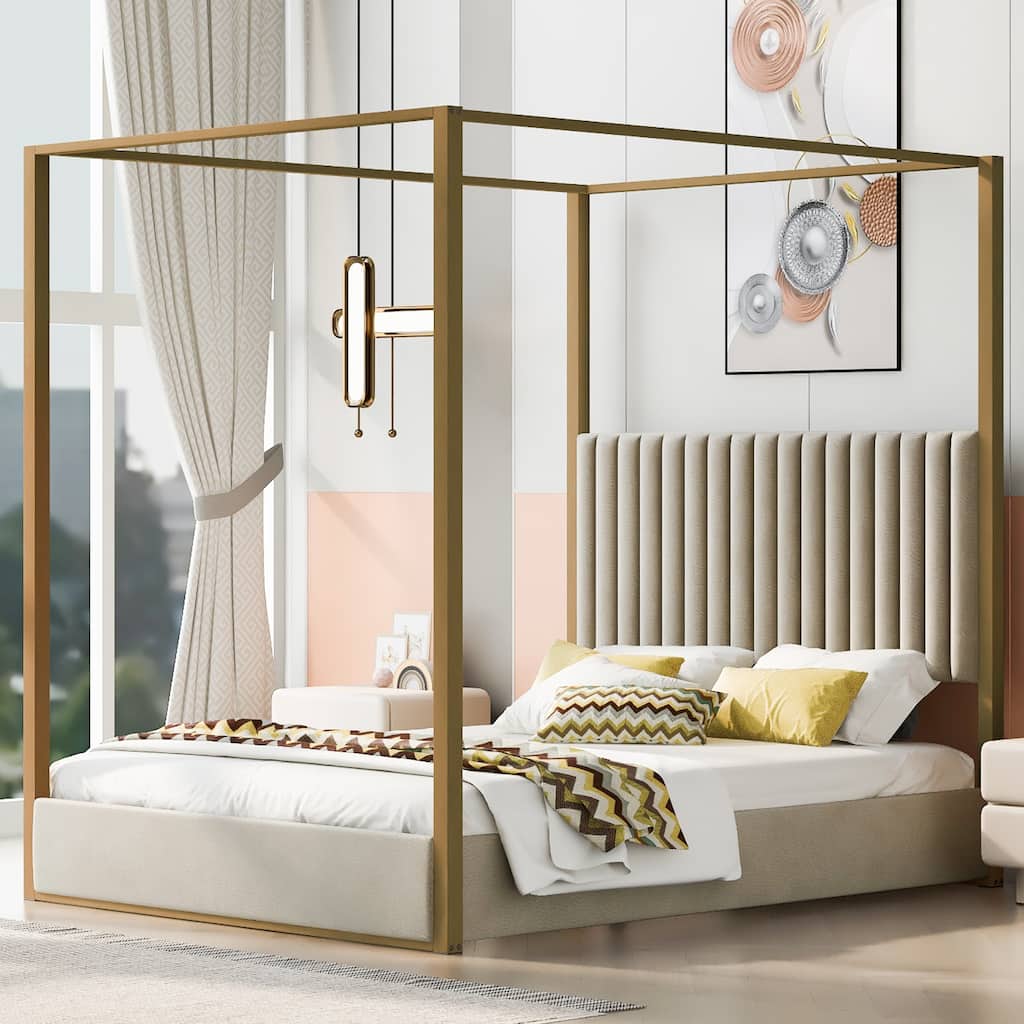 Queen Size Upholstered Canopy Bed with Headboard and Metal Frame, Beige