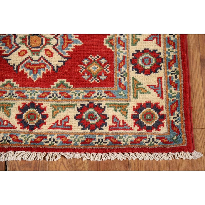 Red Geometric Kazak Oriental Accent Rug Hand-Knotted Wool Carpet - 2'0" x 3'0"