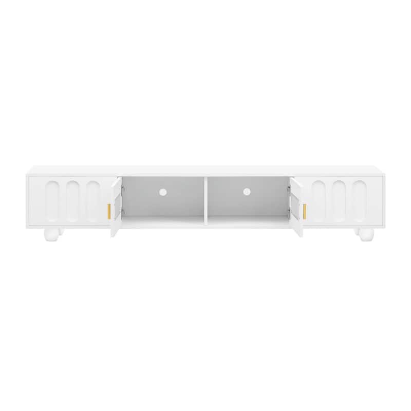 Contemporary TV Stand with Glass Door, 2 Drawers, Cabinets & Solid Wood Legs