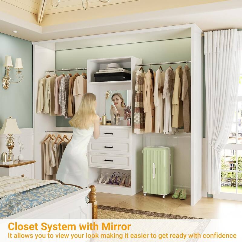 New Style 48"-96” Wide Closet System with Mirror, Sturdy Walk-in Closet Organizer with Drawers and 3 Extendable Hanging Rods