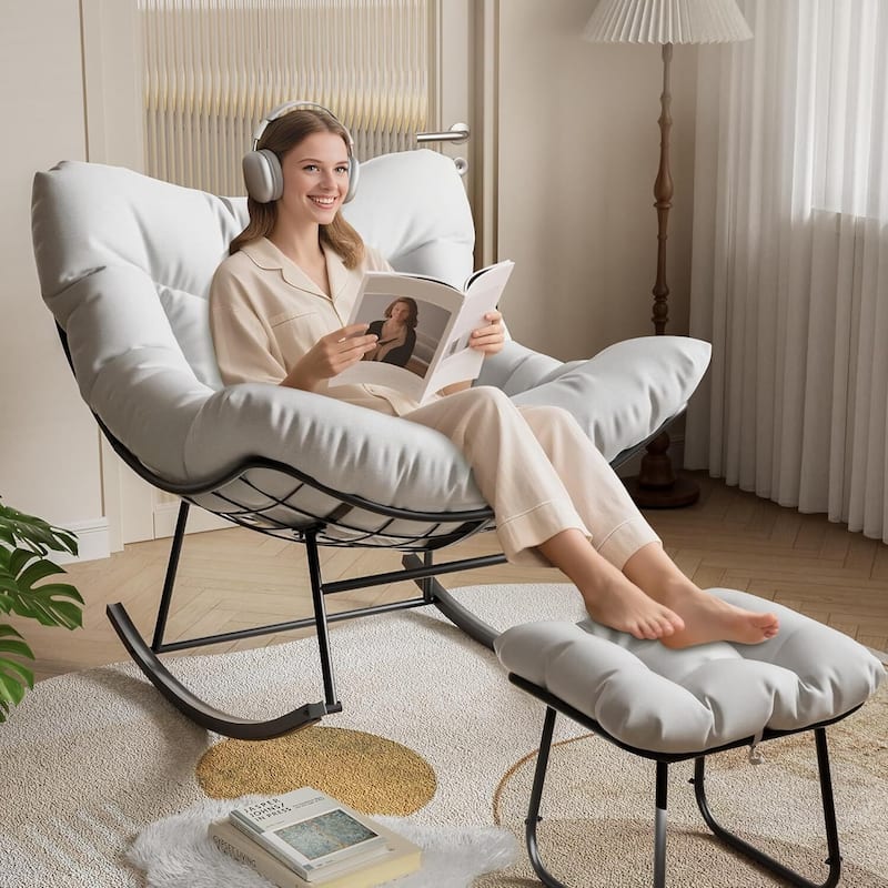 Outdoor Oversized Lounge Chair, Patio Rattan Egg Rocker with Footrest