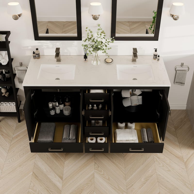 London 60"W Espresso DS Bath Vanity with WH Carrara Quartz Top