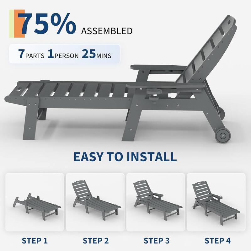 HDPE 5-Position Patio Lounge Chair for Outside with Rolling Wheels