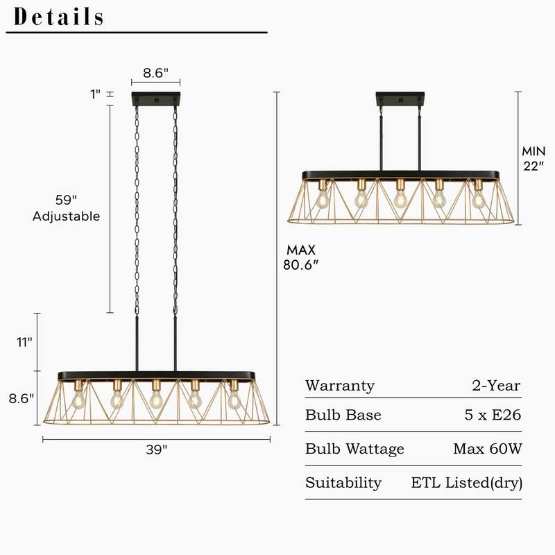 Modern Luxury 5-light Chandelier Black Gold Kitchen Island Light with Geometric Line Design for Dining Room