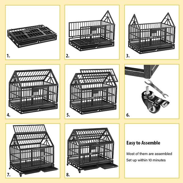 Heavy Duty Dog Cage Crate Strong Metal with Four Wheels and Roof for