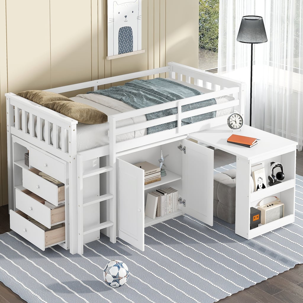 Twin Low Loft Bed Frame Storage Bed with All-in-one Cabinet Shelf Bookcase, Drawers, Guardrail, Ladder Retractable Writing Desk
