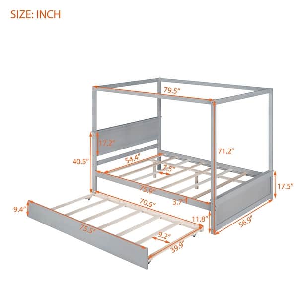 dimension image slide 2 of 3, Full Size Canopy Bed with Twin Size Trundle Bed, Solid Wood Full Platform Bed with Headboard, Footboard and Slat Support