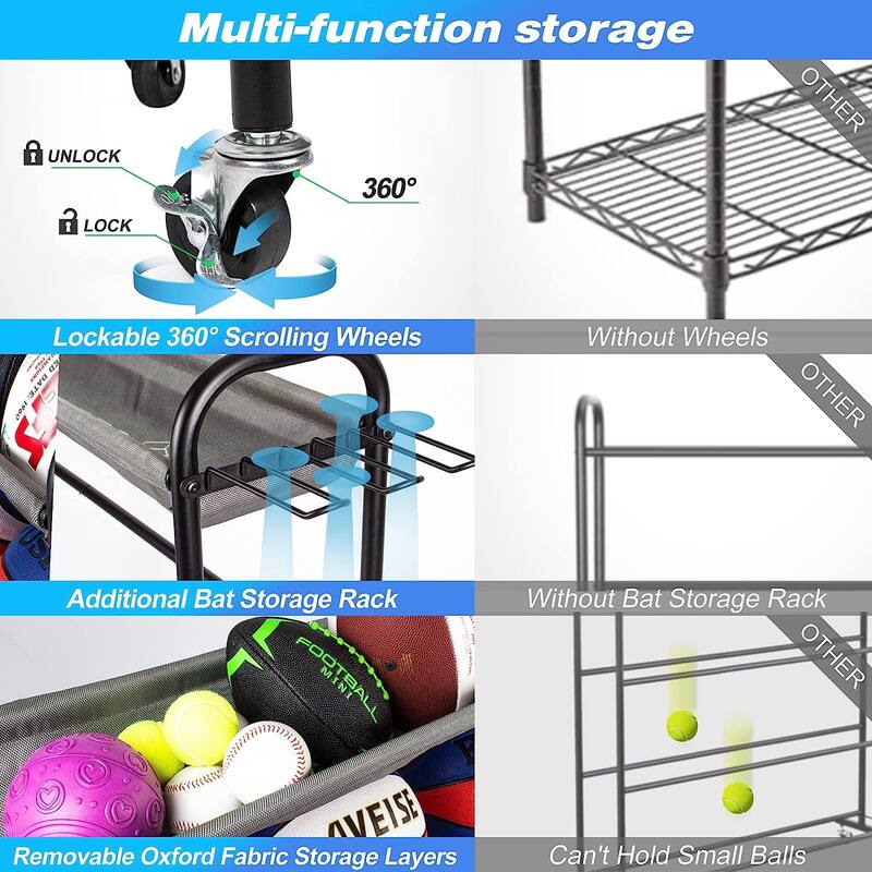 Sttoraboks Basketball Rack, Garage Ball Storage Stand Ball Rack Rolling Balls Organizer with Baseball Bat Holder & Hooks