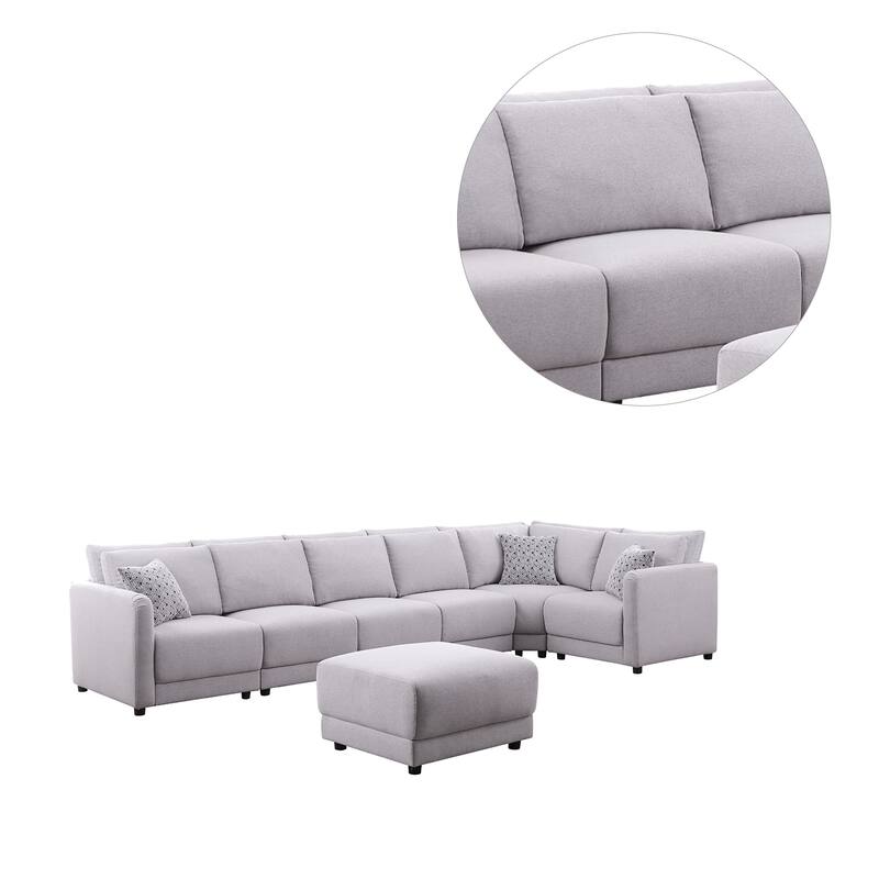 7 Piece Upholstered Modular Sectional Sofa with Ottoman in Light Gray