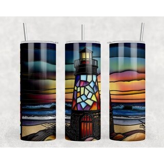 Lighthouse Faux Stained Glass Look 20 Oz Skinny Metal Tumbler w/Lid and ...