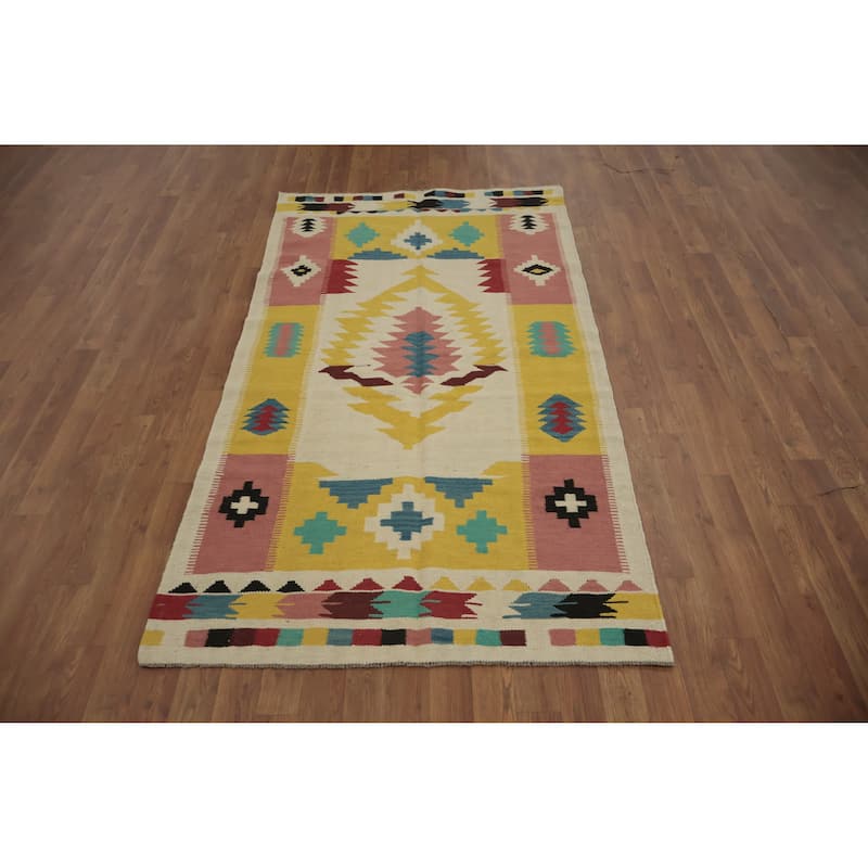 Hand Woven Oriental 100% Wool Carpet Southwestern Tribal Multi-Colored Kilim Area Rug - 6' 8'' X 3' 7''